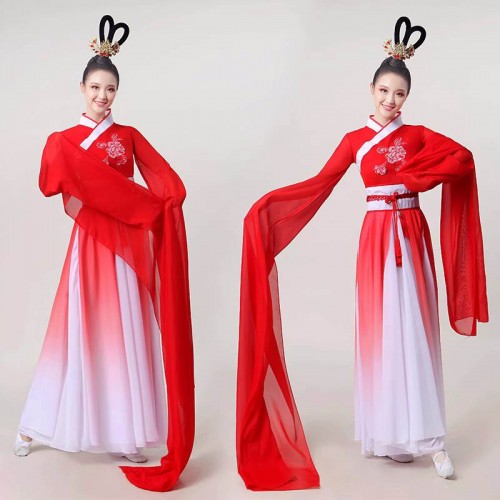 Women Girls Red Gradient waterfall sleeves Chinese folk classical Hanfu princess fairy dancers fan umbrella performance dance wear for adult